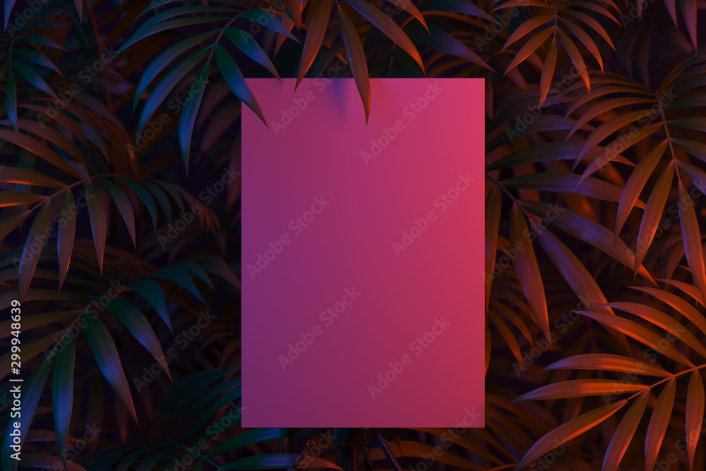 Poster vertical easel with blank canvas on tropical flowers with pink illumination . 3d rendering. empty sp