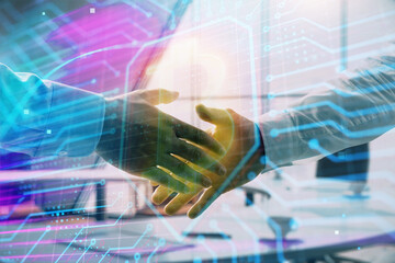 Fototapeta na wymiar Double exposure of blockchain theme drawing on office background with two businessmen handshake. Concept of crypto economy