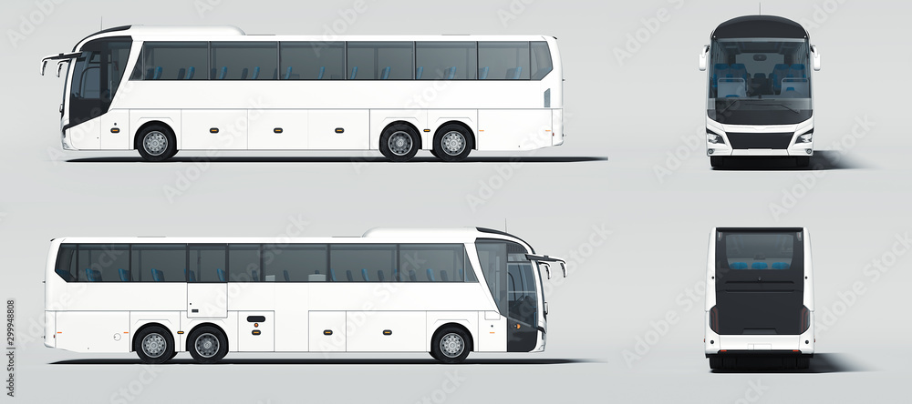 Poster modern white realistic buses isolated on gray background. different views. 3d rendering.
