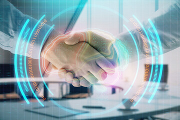 Double exposure of brain drawing on office background with two men handshake. Concept of innovation