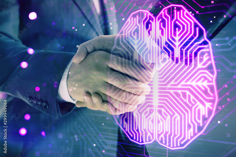Poster multi exposure of human brain drawing on abstract background with two men handshake. concept of data