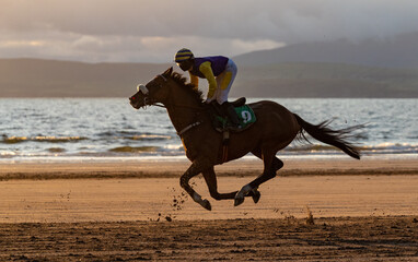 Race horse and jockey galloping on the beach at sunset on the west coast of Ireland