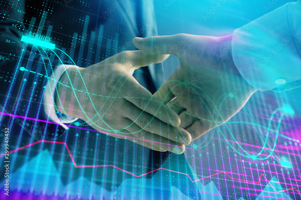 Poster multi exposure of forex graph on abstract background with two businessmen handshake. concept of succ
