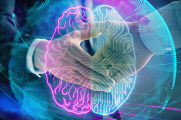 Multi exposure of human brain drawing on abstract background with two men handshake. Concept of data technology in business