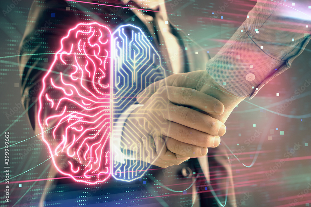 Poster multi exposure of human brain drawing on abstract background with two men handshake. concept of data