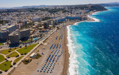 Fototapeta premium Aerial birds eye view photo taken by drone of Rodos island town, Elli beach, popular summer tourist destination, Dodecanese, Aegean,
