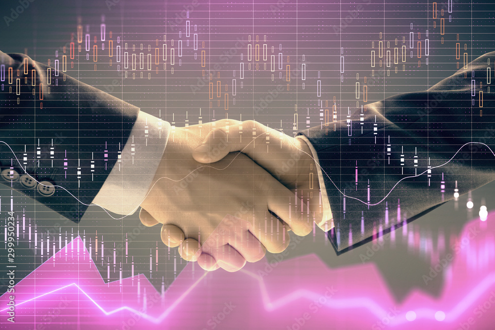 Wall mural multi exposure of forex graph on abstract background with two businessmen handshake. concept of succ