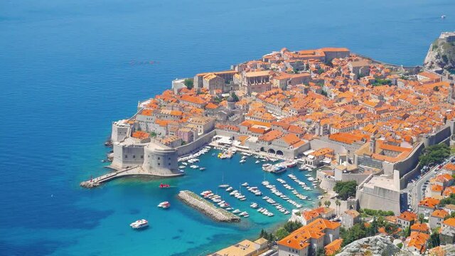Aerial view at famous european travel destination city of Dubrovnik - Fort Bokar on a sunny day. Location place Croatia, South Dalmatia, Europe. 