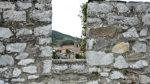 Bardi fortress, Italy, view of the bell tower from the laces of the castle