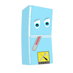 Sick broken fridge that needs repair. With a thermometer in the mouth. Signboard with text repair. Animated cartoon character on white background. Isolated graphic vector illustration.