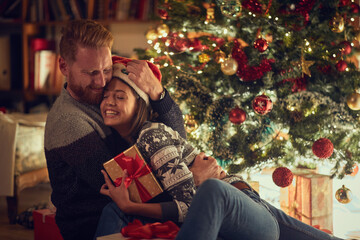 romantic man and woman in love at Christmas