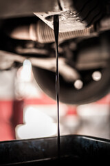 Mechanic discharges motor oil from engine tank under the car