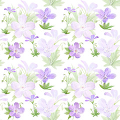 Seamless pattern of watercolor geranium flowers. Perfect for web design, cosmetics design, package, textile, wedding invitation, logo