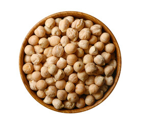 Dry chickpeas in wooden bowl isolated on white.