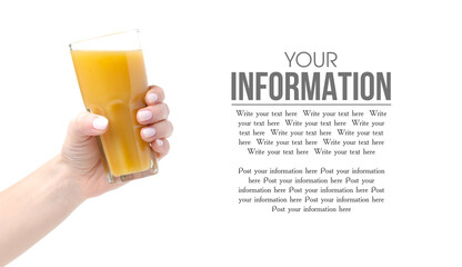 Fruit multifruit orange mango juice in hand on a white background. Isolation, space for text