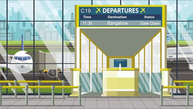 Airport terminal. Departure board above the gate with Bangalore text. Travel to India loopable cartoon animation