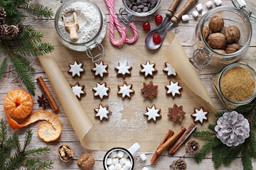 Christmas festive food background. Traditional home baking ingredients. Cpoy space.