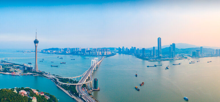 Aerial panoramic views of Zhuhai, China, and The Great Bay Area of Macau