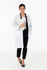 Portrait of asian an attractive young female doctor in white coat about medical or science health care concept on white background
