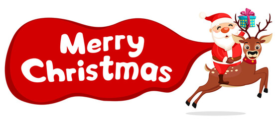 Santa Claus with a gift in his hand riding a deer holding a huge bag of gifts on a white. Christmas characters, place for text.