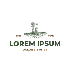 Windmill and silo in farm field - logo hand drawn template © lineandcircle