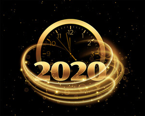 happy new year 2020 with clock and golden streak