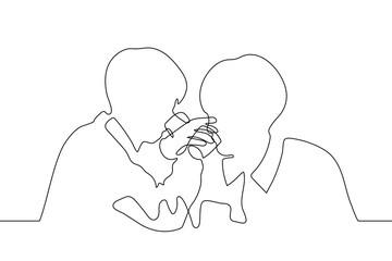 Oncontinuous line art silhouette of two men drinking at brotherhood. Friends crossed their arms with drinks. It can be used for animation. Vector.