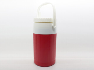 Red Modern Elegant Hot or Cold Drinking Beverages with White Handler Plastic Container for Kitchen Utensils in White Isolated background