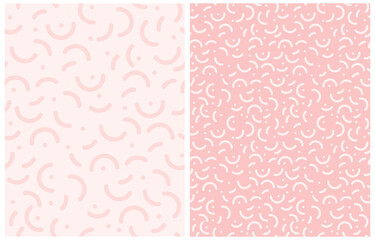 Simple Memphis Style Geometric Seamless Vector Patterns. White Semi Circles Isolated on a Pink Background. Tiny Geometric Elements on a Light Pink Layout. Baby Girl Party Decoration.