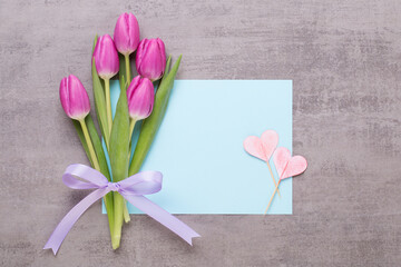 Spring greeting card, pink color tulips on the gray background.