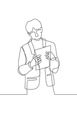 continuous one line art young businessman standing in suit. A man looks at the documents that he holds with both hands. Carefully read, familiarization, get an education. can be used for animation