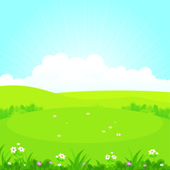 Green field or park with beautiful scenery landscape, suitable for kid background, cover, flyer with cartoon style