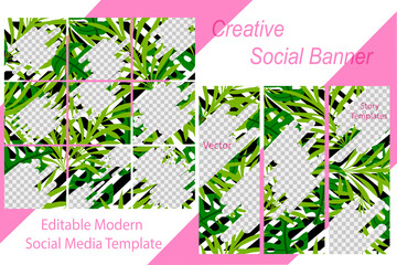 stock vector trendy green tropical leaves seamless template for social media story vector illustration design