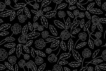 Seamless Retro Pattern with Roses - Black & White