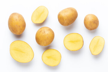 Potatoes isolated on white background. Flat lay. Top view.