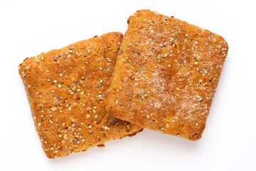 Rye bread slice on a white background.