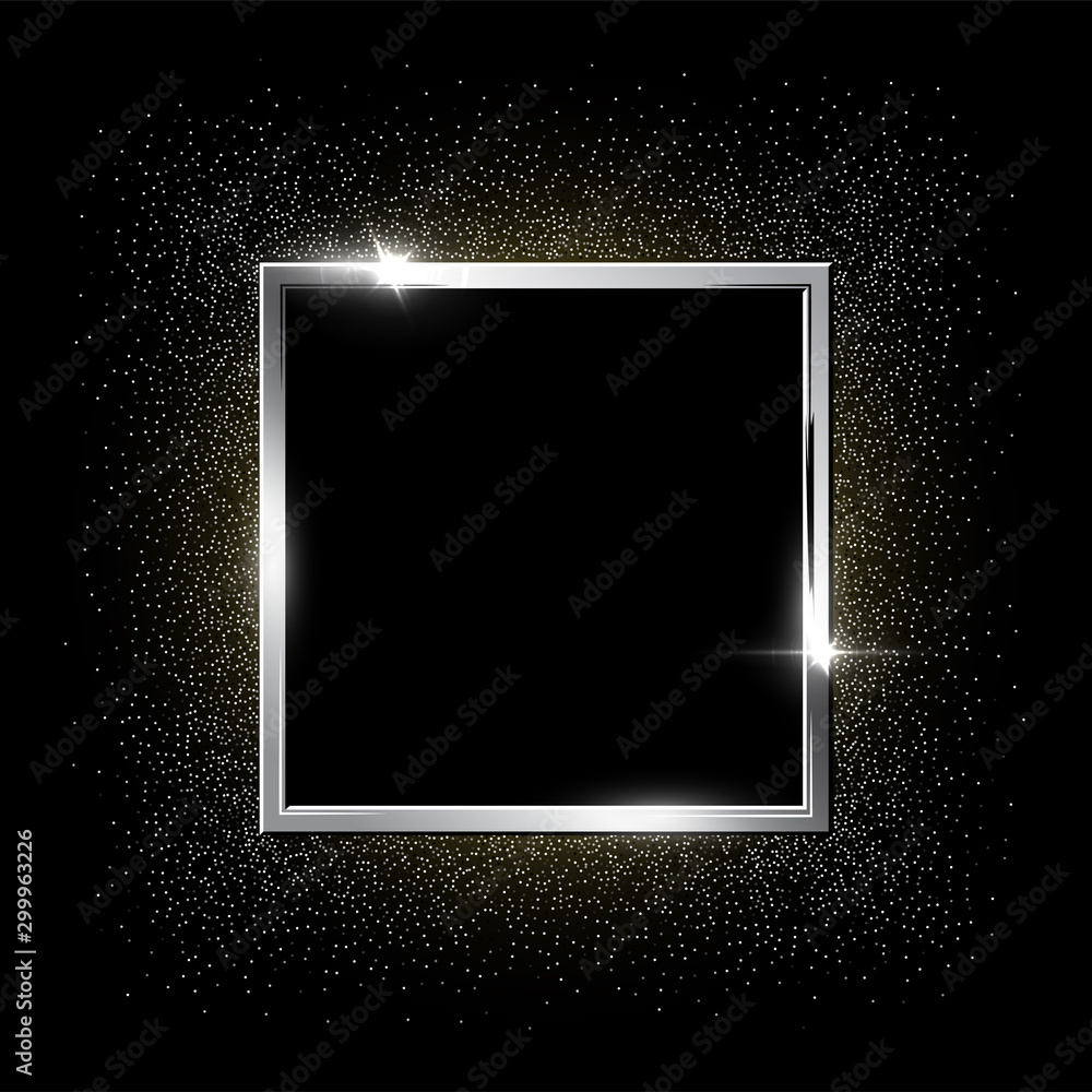 Aufkleber silver square frame with glitter isolated on black background. vector design element.