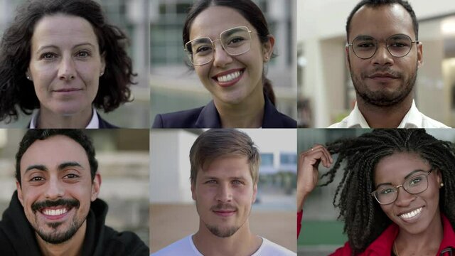 Happy multicultural people looking at camera. Split screen collage of cheerful multiethnic men and women standing and smiling at camera. Facial expression concept