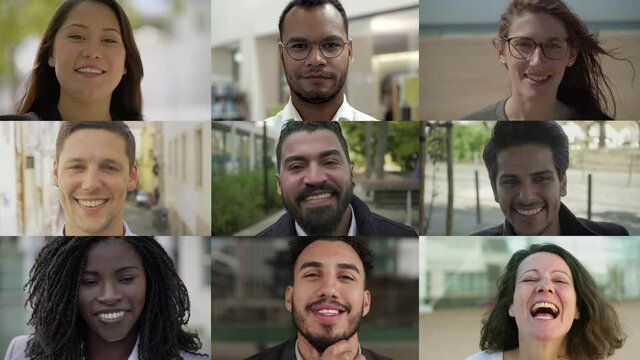 Close-up view of attractive diverse people smiling at camera. Multiscreen montage of cheerful multiethnic young and middle aged men and women smiling at camera. Emotion concept