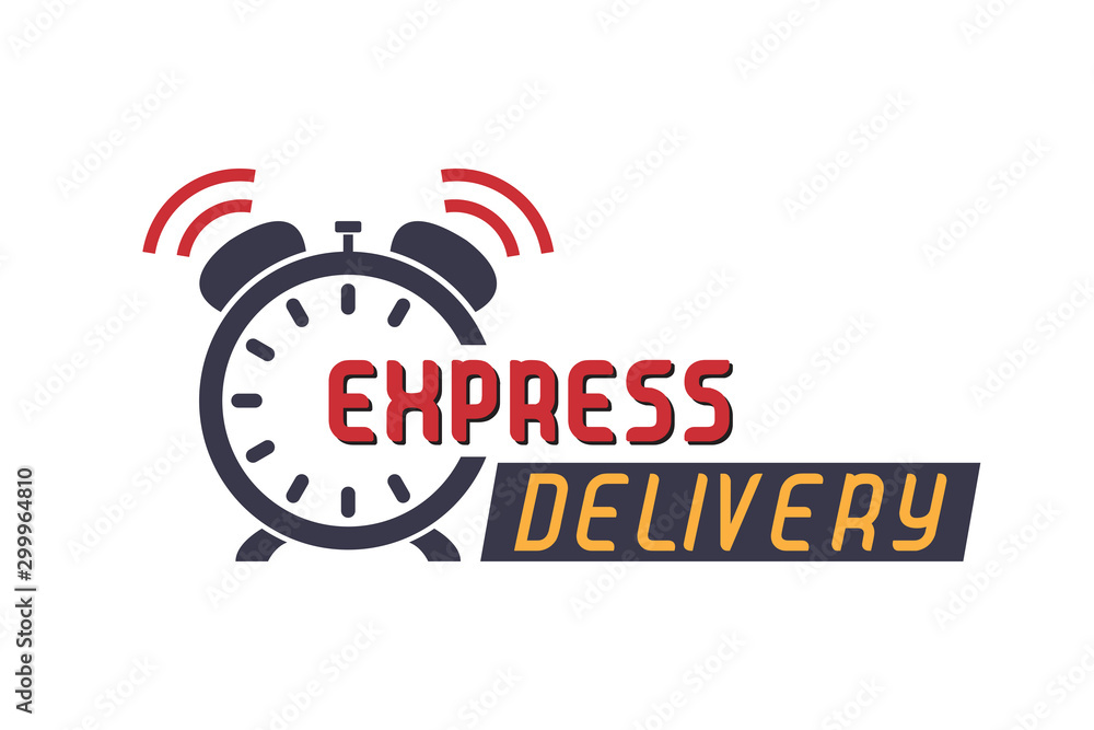 Poster express delivery with alarm clock in a flat design