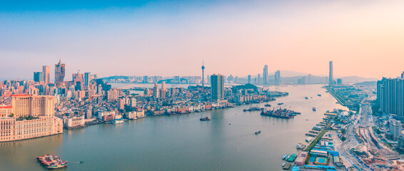 Fototapeta premium Aerial panoramic views of Zhuhai, China, and The Great Bay Area of Macau