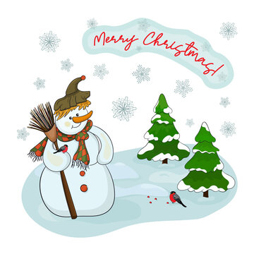 Vector illustration. Merry Christmas Greeting Card. Snowman in the forest, Christmas trees and bullfinches.