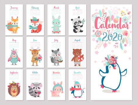 Calendar 2020 with Boho Woodland characters. Cute forest animals.