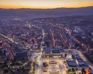 Aerial view of city at sunset