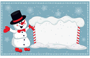 Christmas card for invitation or congratulation with a cheerful snowman and snowy billboard.