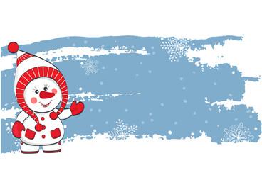 New Year vector banner. Snowman in a hat on a blue background with snowflakes
