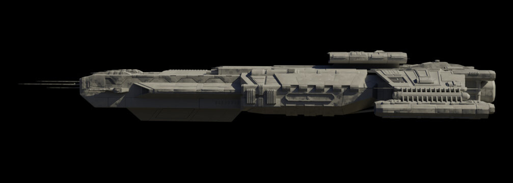 Science fiction illustration of a spaceship carrier vessel, isolated on black in left side view with shadows, 3d digitally rendered illustration
