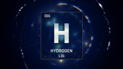 3D illustration of Hydrogen as Element 1 of the Periodic Table. Blue illuminated atom design background with orbiting electrons. Design shows name, atomic weight and element number