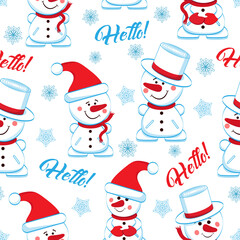 Fototapeta na wymiar Seamless pattern with funny snowmen and inscriptions Hello.