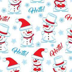 Seamless pattern with funny snowmen and inscriptions Hello.